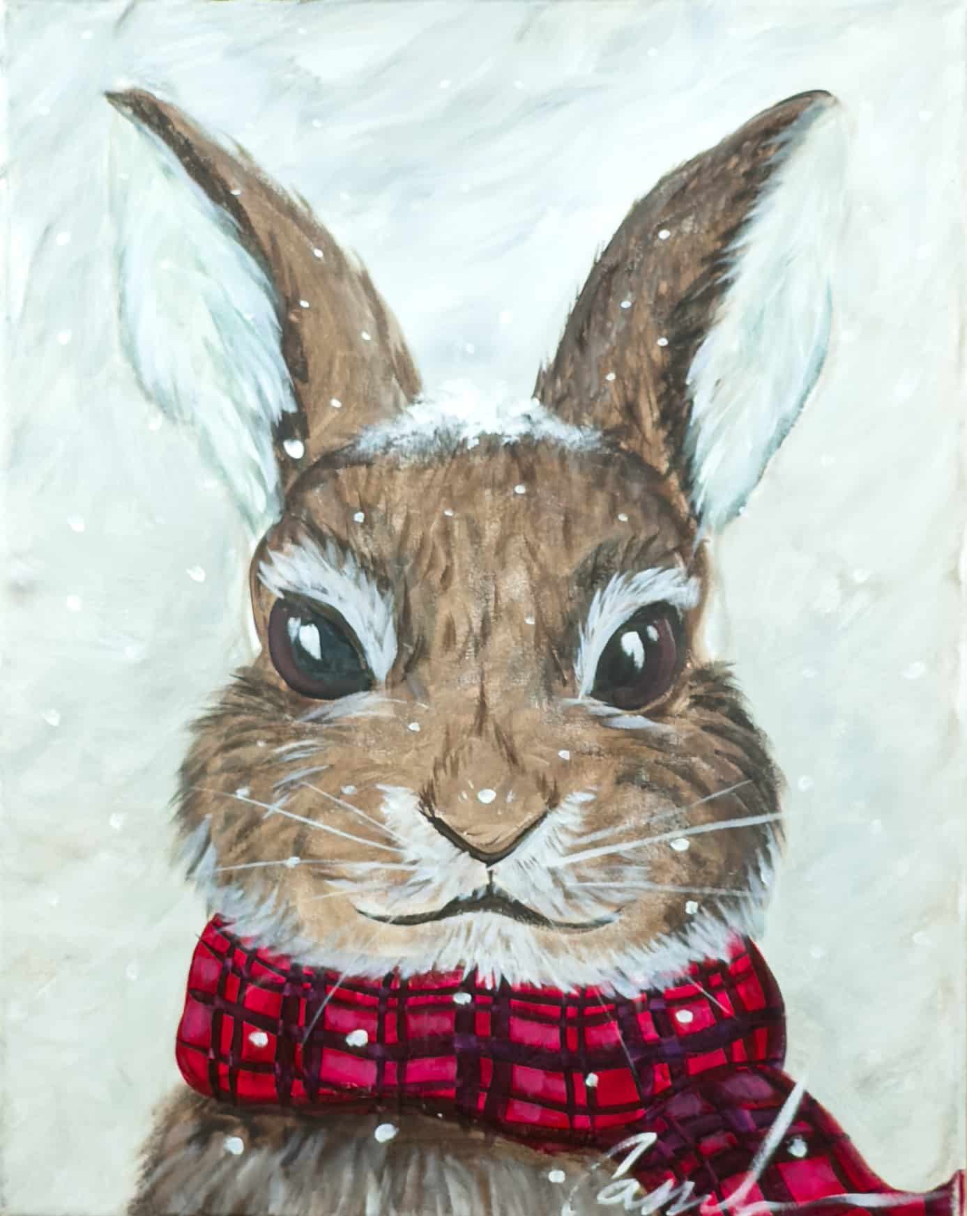 Snow Bunny painting of a cozy winter rabbit wearing a red plaid scarf with falling snow, created at a Toledo Paint and Sip Party.