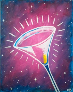 A glowing cosmopolitan martini glass painted against a starry magenta and purple night sky.