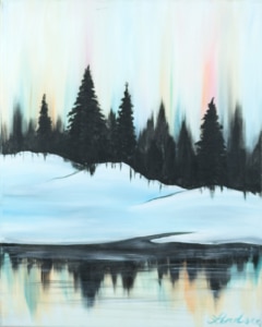 Watercolor Landscape painting featuring soft pastel skies, silhouetted pine trees, snowy hills, and a calm lake reflection, created at a Private Paint and Sip Party event.