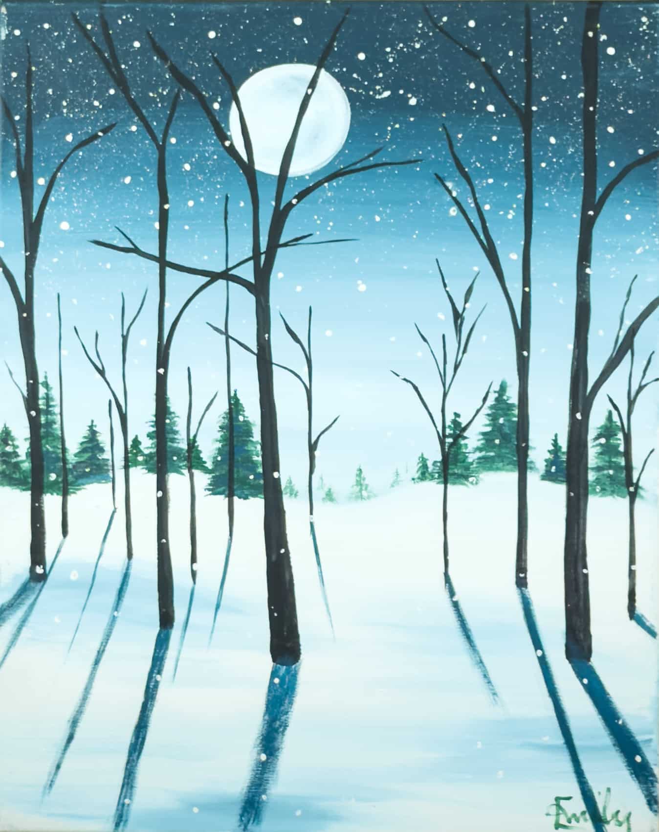 Winter Moon Trees painting featuring bare trees casting long shadows in snow beneath a glowing full moon at a Perrysburg Paint and Sip Party.