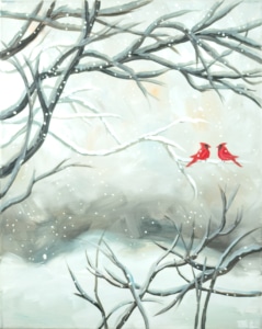 Winter cardinal painting featuring two red birds perched on snowy branches, ideal for a private paint and sip party at Wine & Canvas.