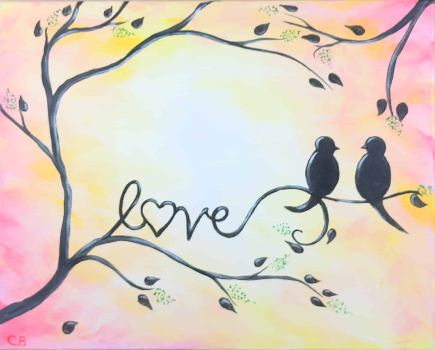 Two love birds perched on tree branches with the word love painted between them against a soft pastel sunset background