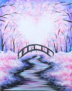 Pastel winter forest with a winding snowy path leading to a small arched bridge beneath pink and purple sunset skies