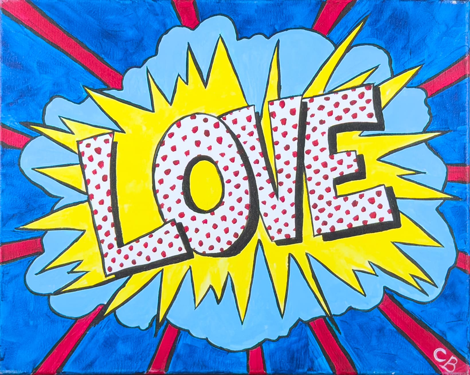 Bold pop art painting with the word LOVE in comic-book style lettering surrounded by bright blue, yellow, and red bursts
