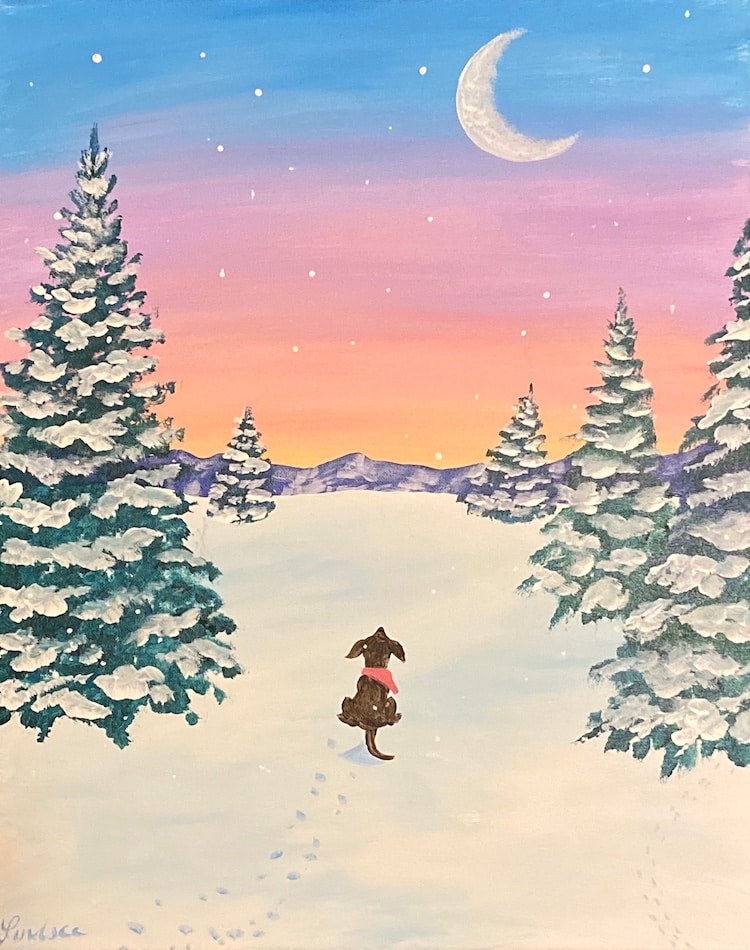 A winter painting of a dog walking through snowy trees toward a pastel sunset sky and crescent moon.