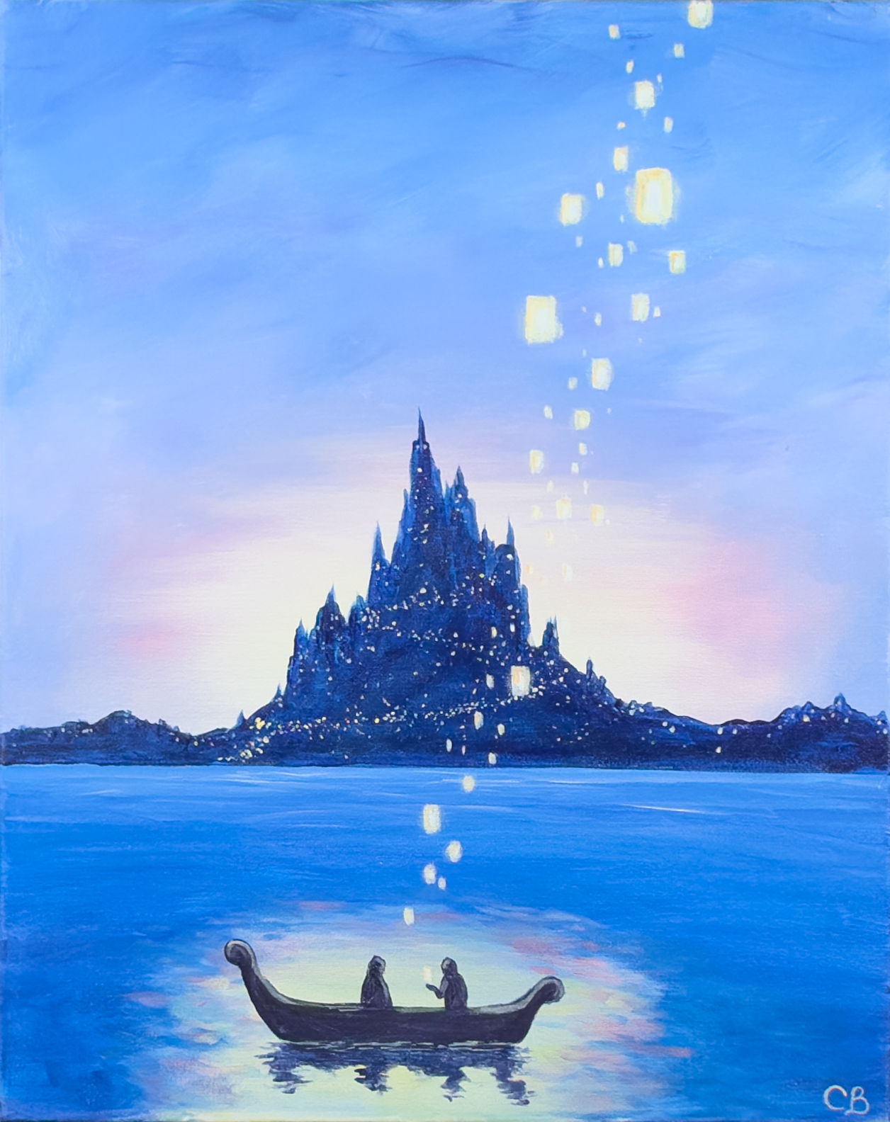 Dreamy twilight painting of two figures in a small boat releasing glowing lanterns across calm water toward a distant illuminated castle under a blue sky.