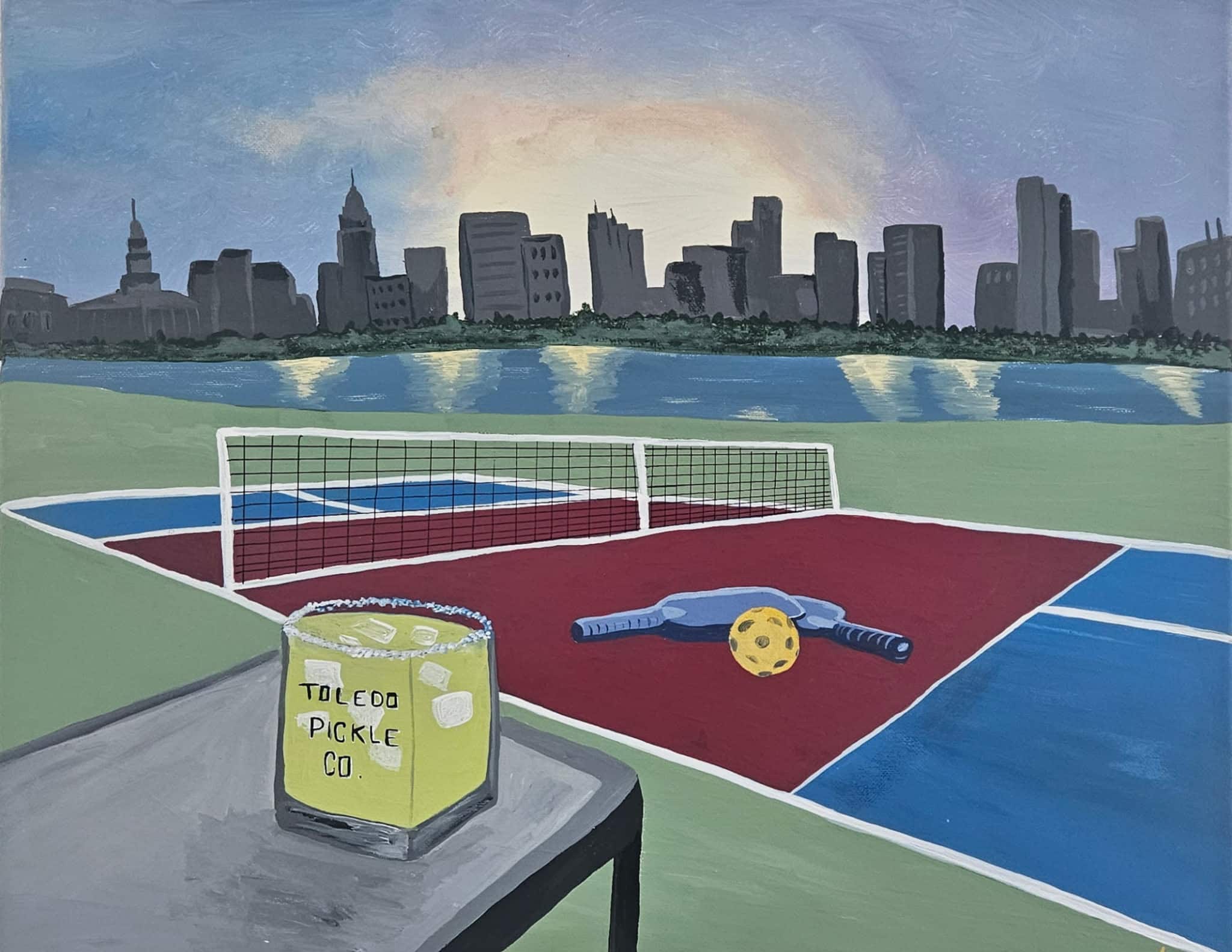 Pickleball court painting with Toledo skyline, paddles, ball, and cocktail at night during a Toledo Paint and Sip Party