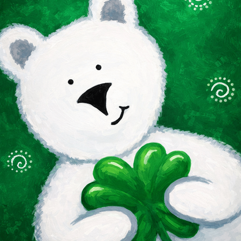 Kids St Patrick’s Day painting of a white bear holding a green shamrock on a bright green background