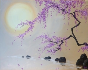 Serene moonlit landscape painting with soft lavender blossoms falling from a tree over calm water, misty shoreline, and dark rocks reflecting in the glow.