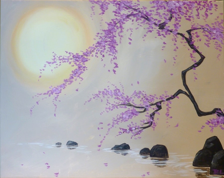 Serene moonlit landscape painting with soft lavender blossoms falling from a tree over calm water, misty shoreline, and dark rocks reflecting in the glow.