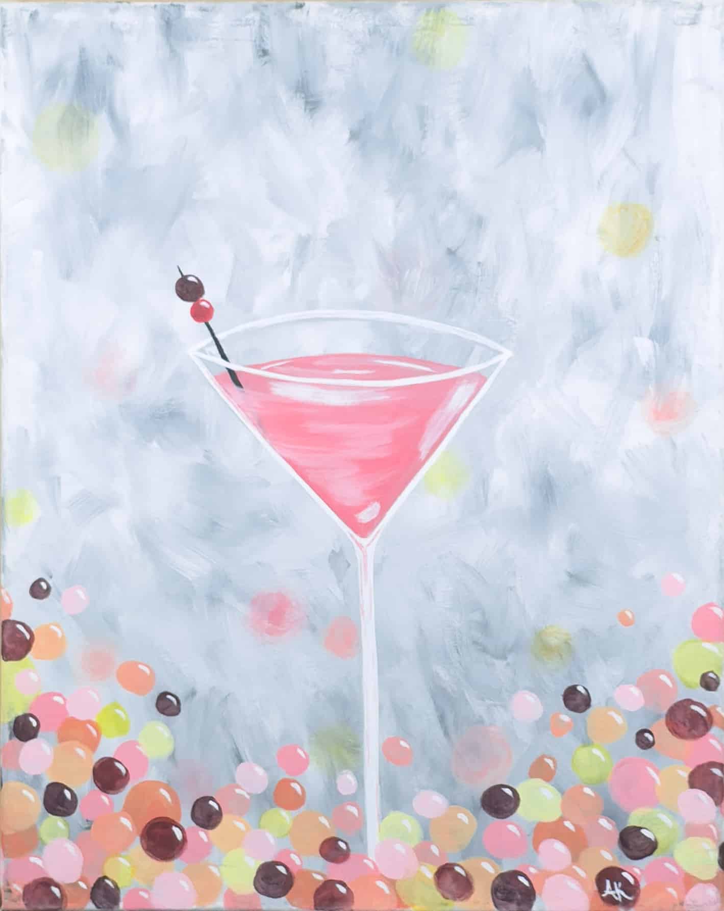 Pink martini cocktail with cherry garnish painted on a soft gray background with colorful confetti accents at a Newport paint and sip party
