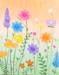 Colorful wildflower meadow painting with pastel sky and tall spring flowers on canvas