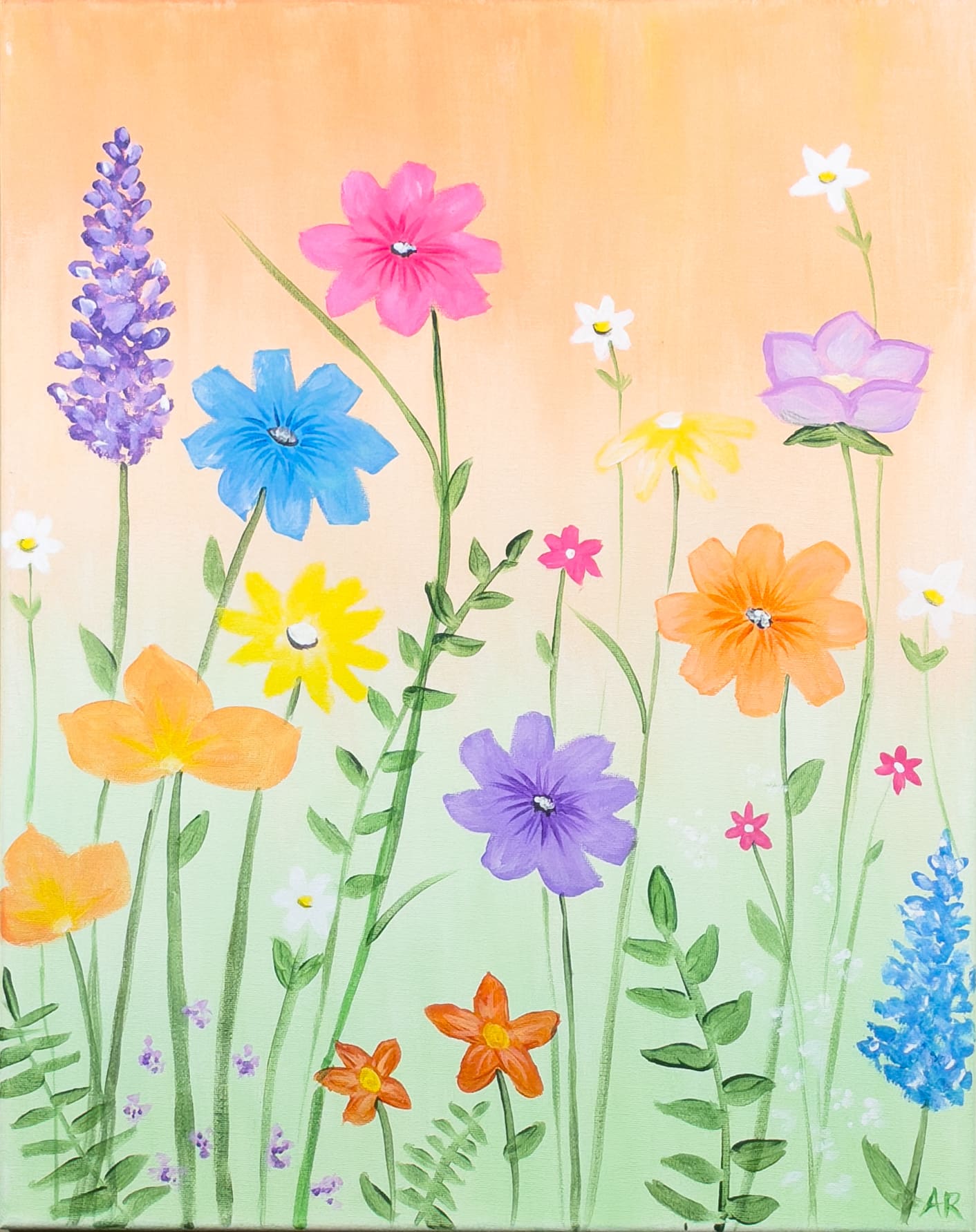 Colorful wildflower meadow painting with pastel sky and tall spring flowers on canvas