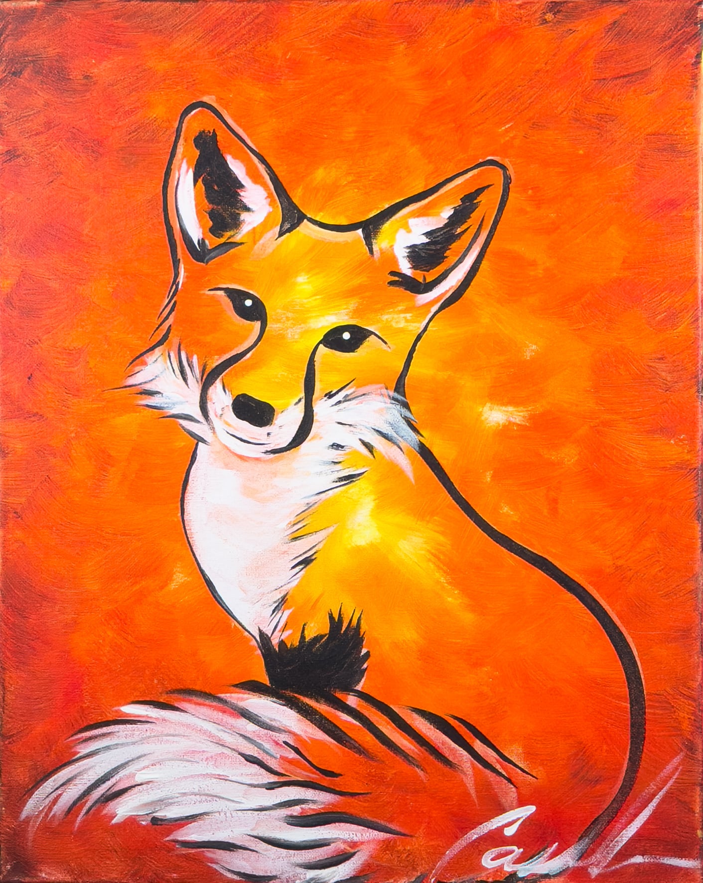 Bold fox portrait painted in warm orange and gold tones on canvas at a Toledo paint and sip party