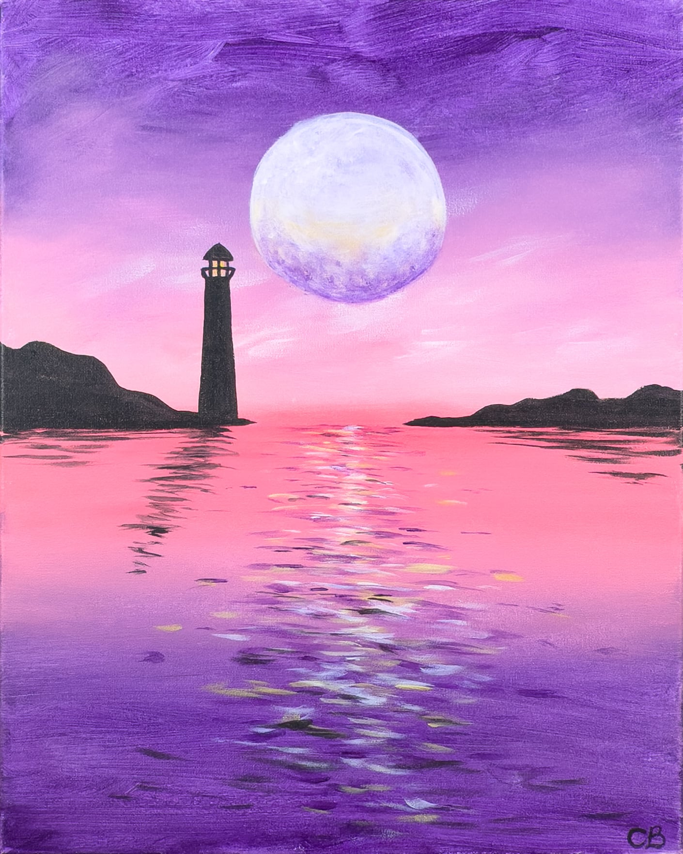 Moonlit lighthouse painting with a glowing full moon and pink purple reflections over calm water
