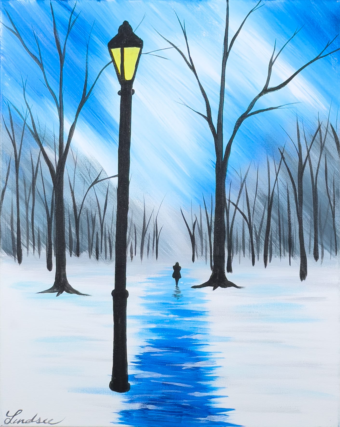 Winter night painting with glowing lamppost, snowy path, bare trees, and a solitary figure under a blue sky
