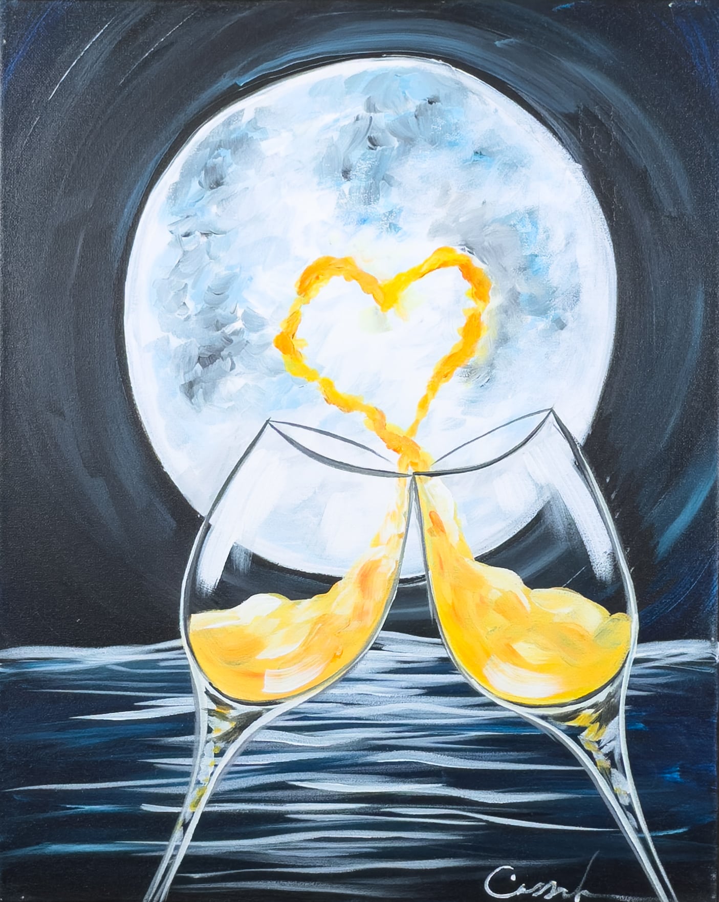 Two wine glasses clinking under a full moon with golden wine pouring into a heart shape over water, romantic paint and sip artwork