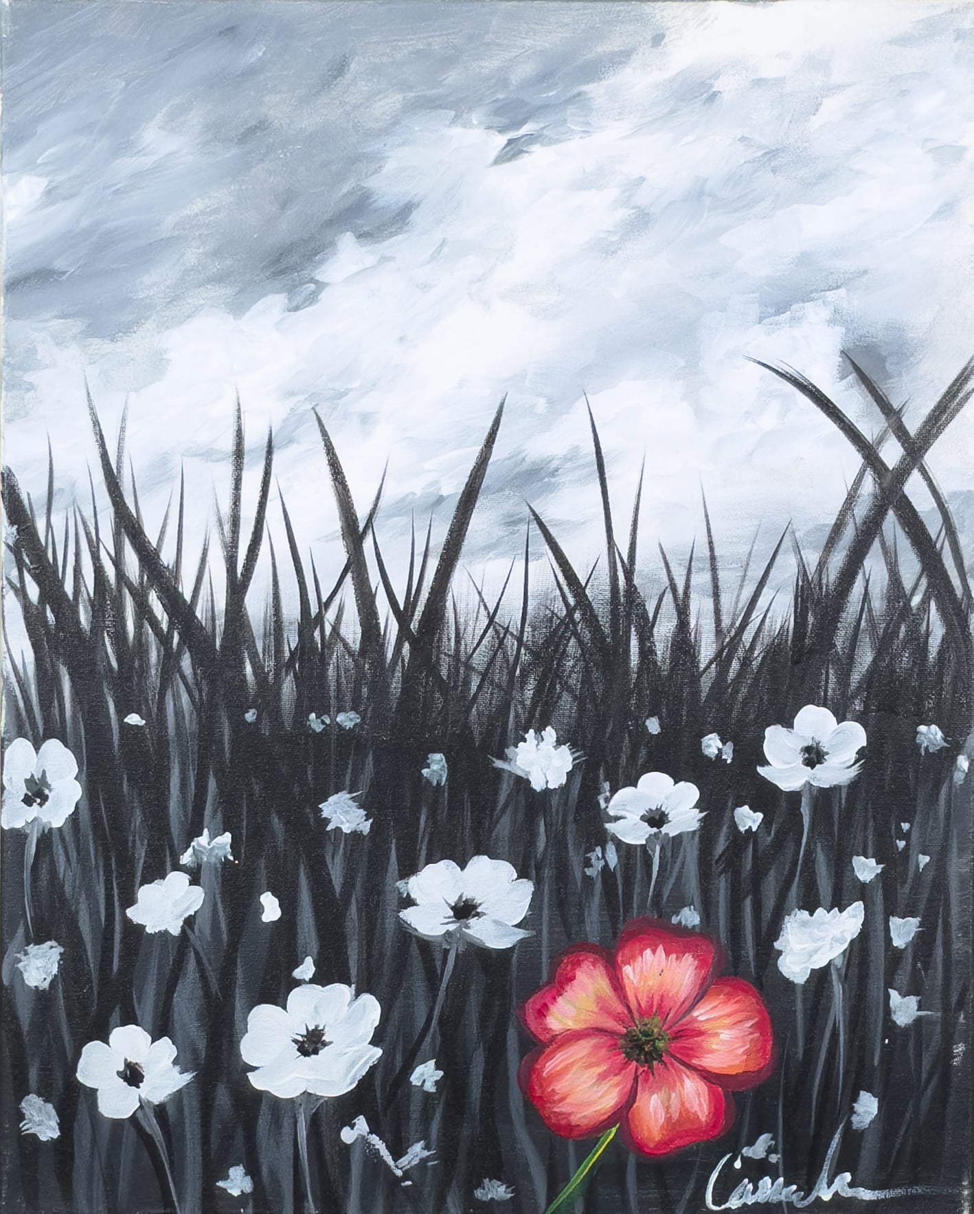 A moody gray meadow filled with dark grasses and soft white flowers beneath a cloudy sky, highlighted by a single bright pink flower standing out in the foreground.