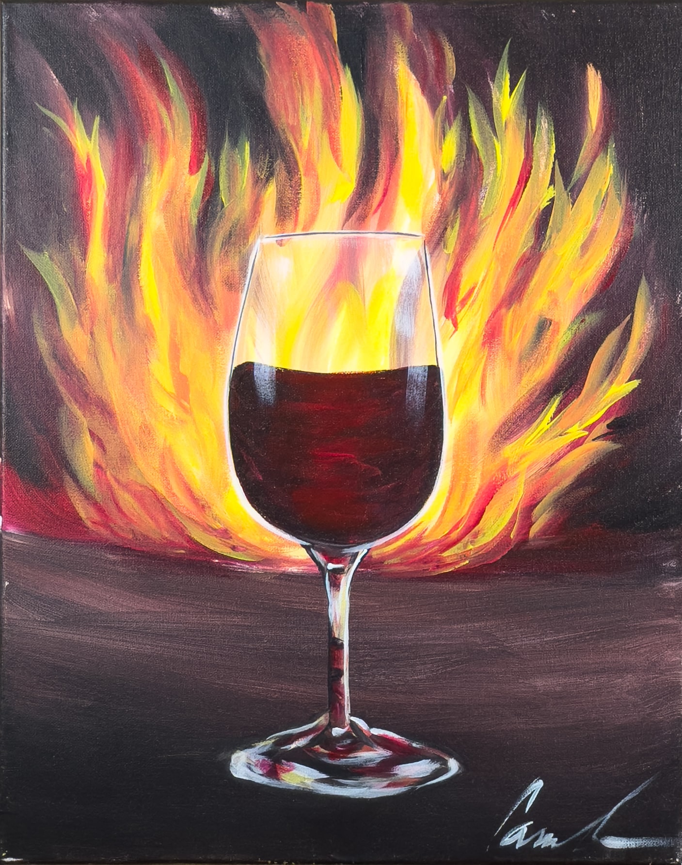 Red wine glass glowing in front of bright flames on a dark background, dramatic wine-themed paint and sip artwork