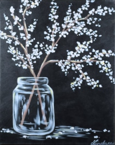 Black canvas painting of white blossoms in a glass jar with soft highlights and reflections