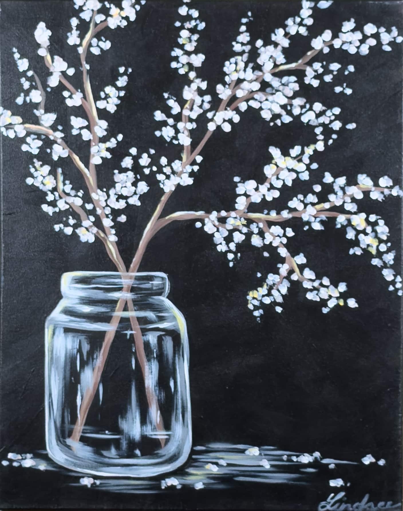 Black canvas painting of white blossoms in a glass jar with soft highlights and reflections