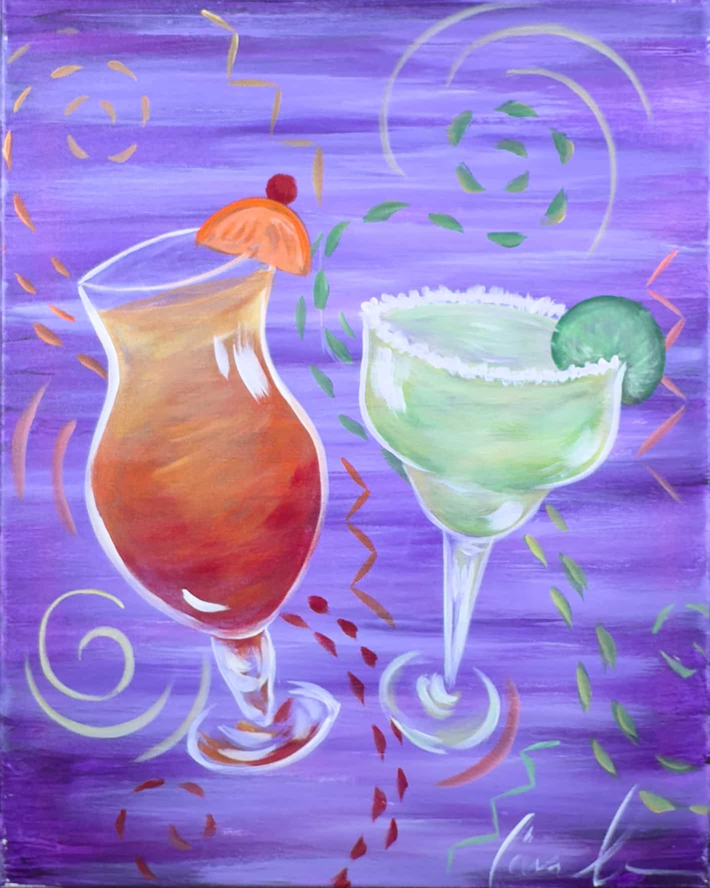 Two colorful cocktail drinks painted on a purple background with playful swirls and garnish, Toledo paint and sip party artwork