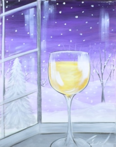 Snowfall & a Slow Pour painting featuring a glowing wine glass by a window with falling snow and a winter night sky
