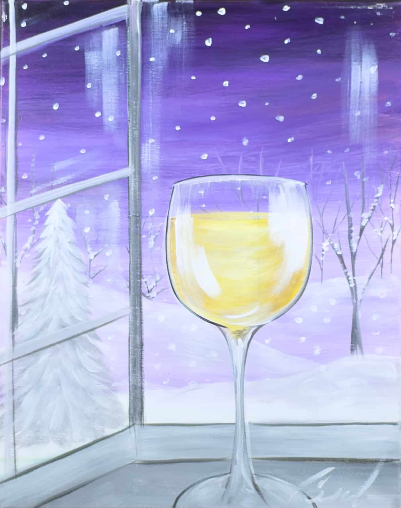 Snowfall & a Slow Pour painting featuring a glowing wine glass by a window with falling snow and a winter night sky