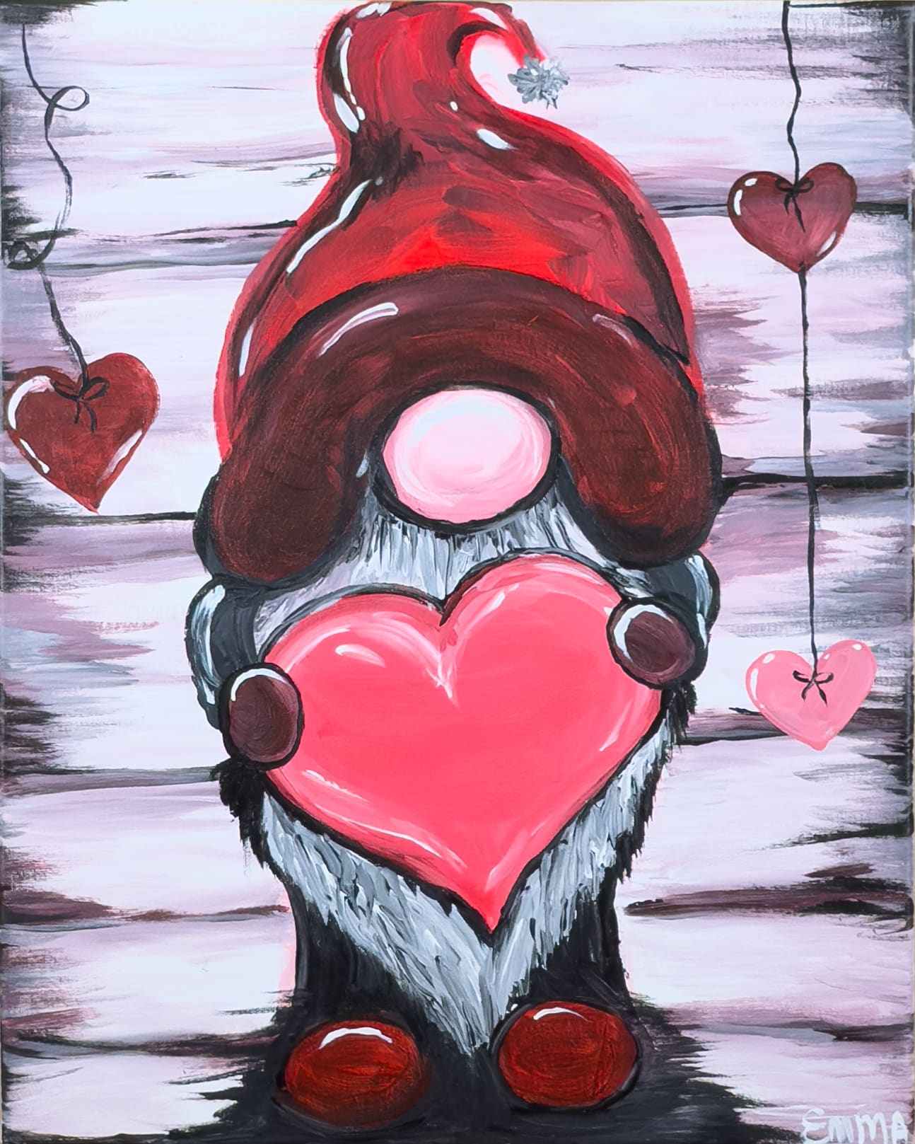 Valentine’s gnome holding a pink heart with red hat on a rustic wood background, painted canvas for a Toledo paint and sip party