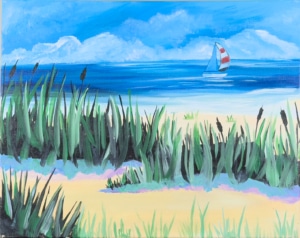 Coastal dune painting with tall beach grass, calm blue water, and a sailboat on Lake Erie