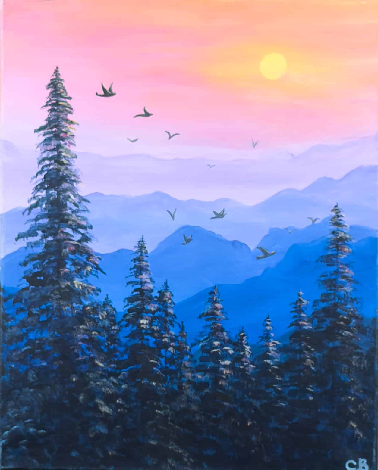 A pastel sunrise over layered blue mountains with birds in flight above a dense evergreen forest, featuring tall pine trees reaching into a soft pink and golden sky.