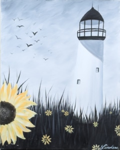 A tall white lighthouse rising above dark coastal grasses, with a large sunflower in the foreground and birds flying across a soft gray-blue sky.