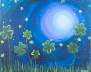Moonlit clover painting with glowing shamrocks under a swirling blue night sky and bright full moon