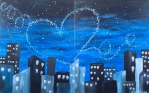 Two-panel city skyline painting with glowing heart-shaped stars connecting across both canvases, designed for couples at a date night paint and sip