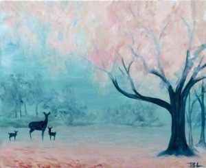 Pastel forest painting with soft blue and pink trees, a large tree in bloom, and deer silhouettes in a peaceful clearing