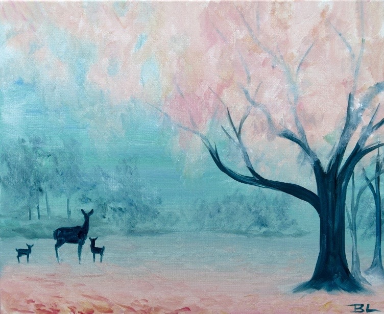 Pastel forest painting with soft blue and pink trees, a large tree in bloom, and deer silhouettes in a peaceful clearing