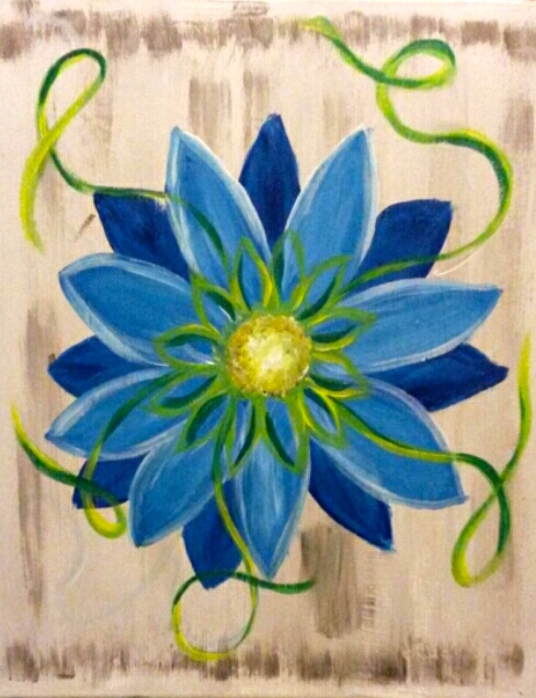 A vibrant blue flower with layered petals and a glowing yellow center, accented by flowing green vine-like swirls against a soft, textured neutral background.
