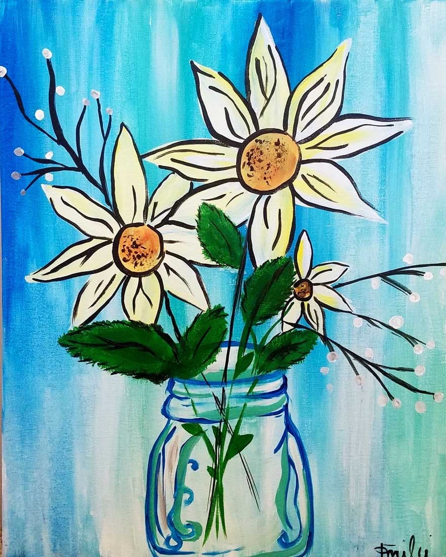 Spring daisies painting in a mason jar with white petals, yellow centers, and a soft blue background
