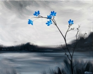 Winter landscape painting with icy water, gray sky, and delicate blue flowers on bare branches