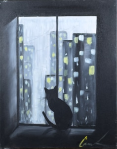 Moody city night painting of a black cat silhouette sitting in a window overlooking glowing city lights