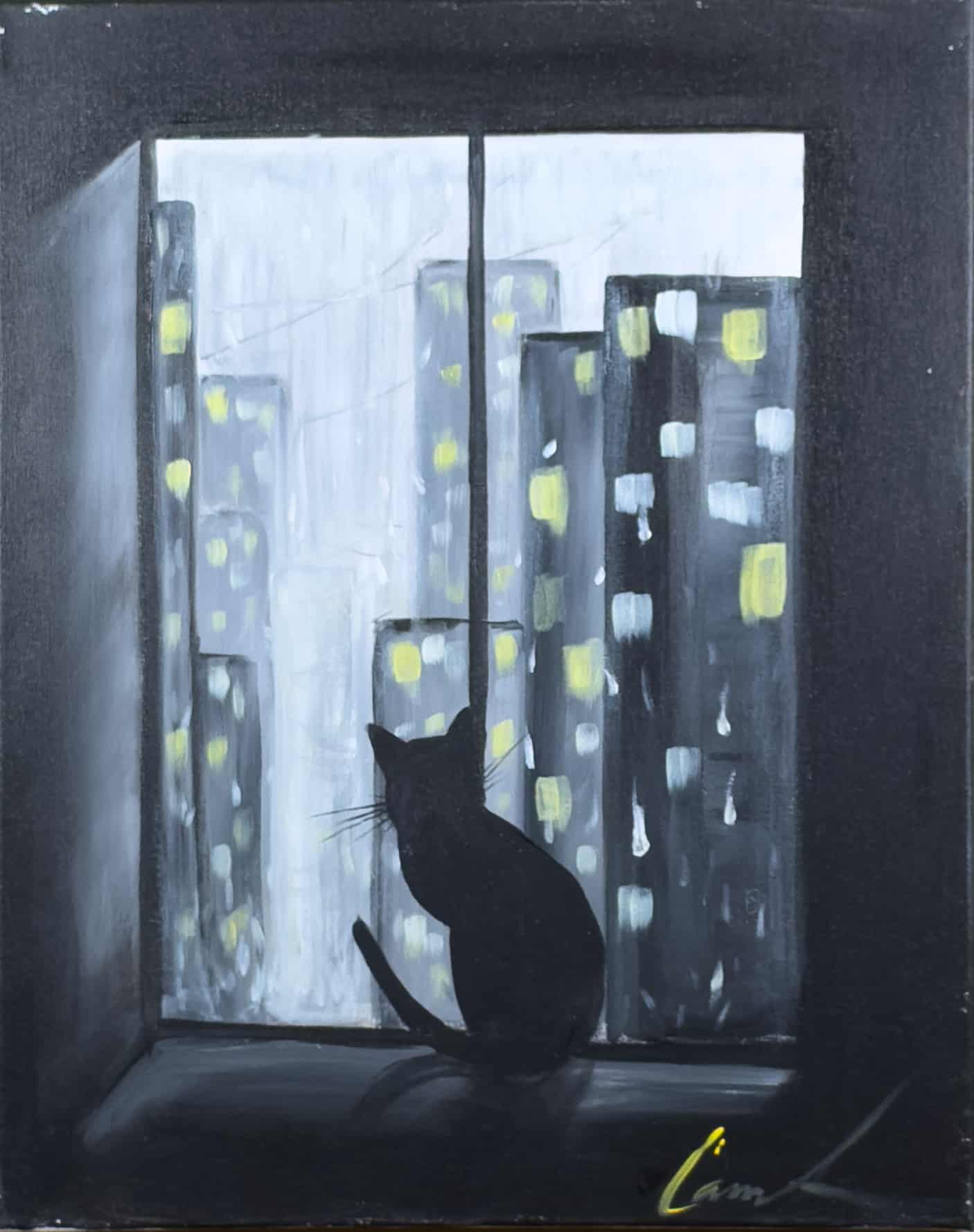 Moody city night painting of a black cat silhouette sitting in a window overlooking glowing city lights