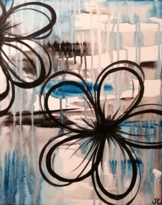 An abstract floral design featuring bold black looping petals over a textured background of layered beige, white, and blue washes with expressive paint drips.