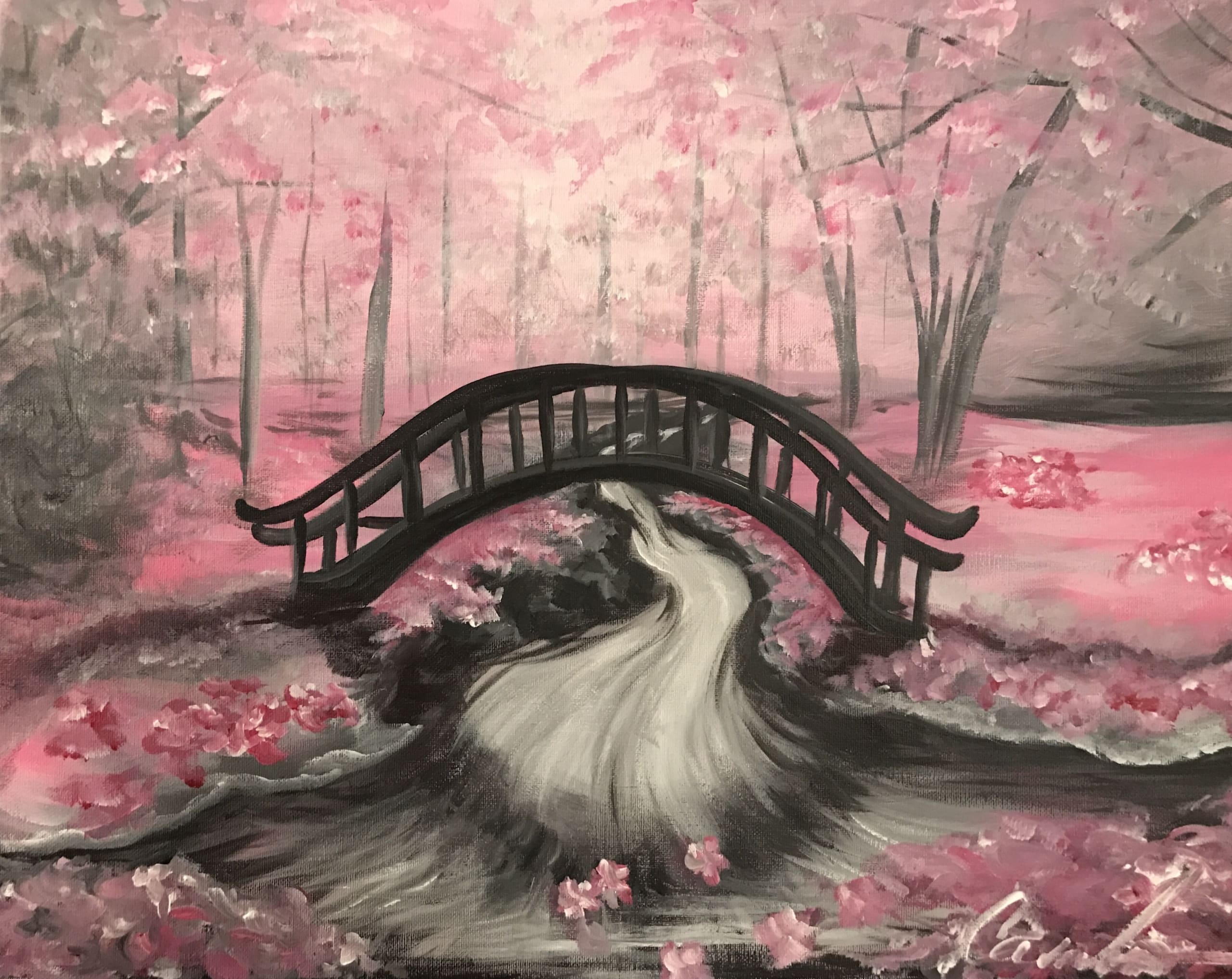 Pink cherry blossom trees surrounding a black arched bridge over a flowing stream in a dreamy spring landscape painting.