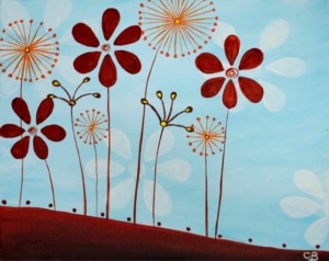 Abstract red and orange flowers on tall stems against a soft blue sky background painting