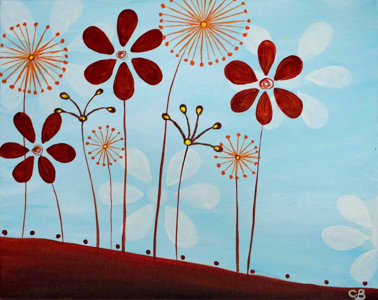 Abstract red and orange flowers on tall stems against a soft blue sky background painting