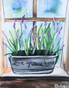 Lavender flowers in a planter on a windowsill painting with the words Love Grows Here and soft spring light