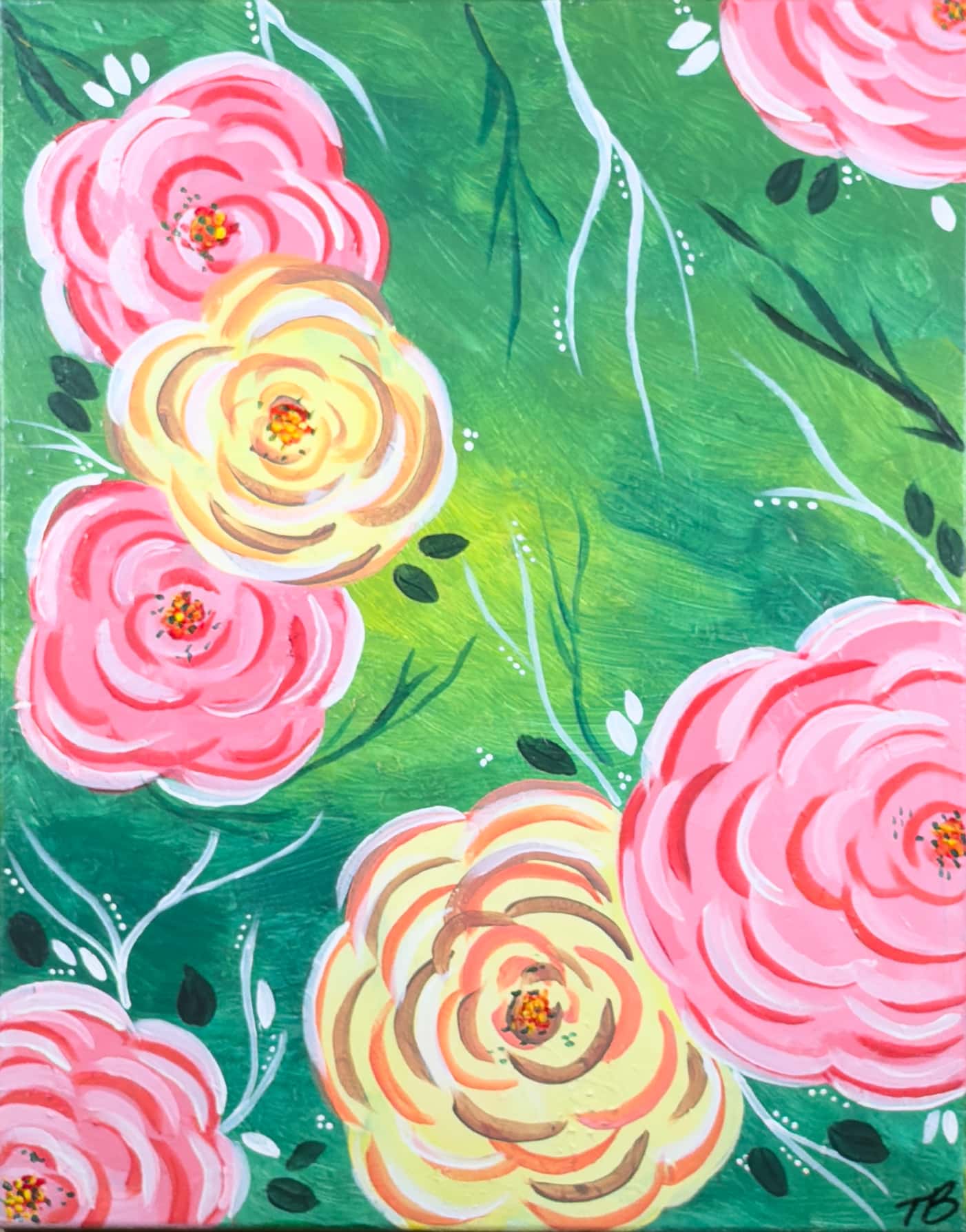 Bright floral painting with pink and yellow roses on a vibrant green background