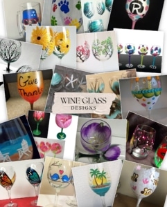 Hand-painted wine glass designs featuring florals, patterns, sayings, and colorful decorative styles