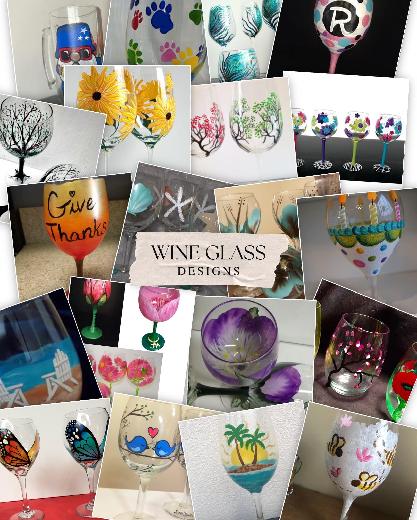 Hand-painted wine glass designs featuring florals, patterns, sayings, and colorful decorative styles
