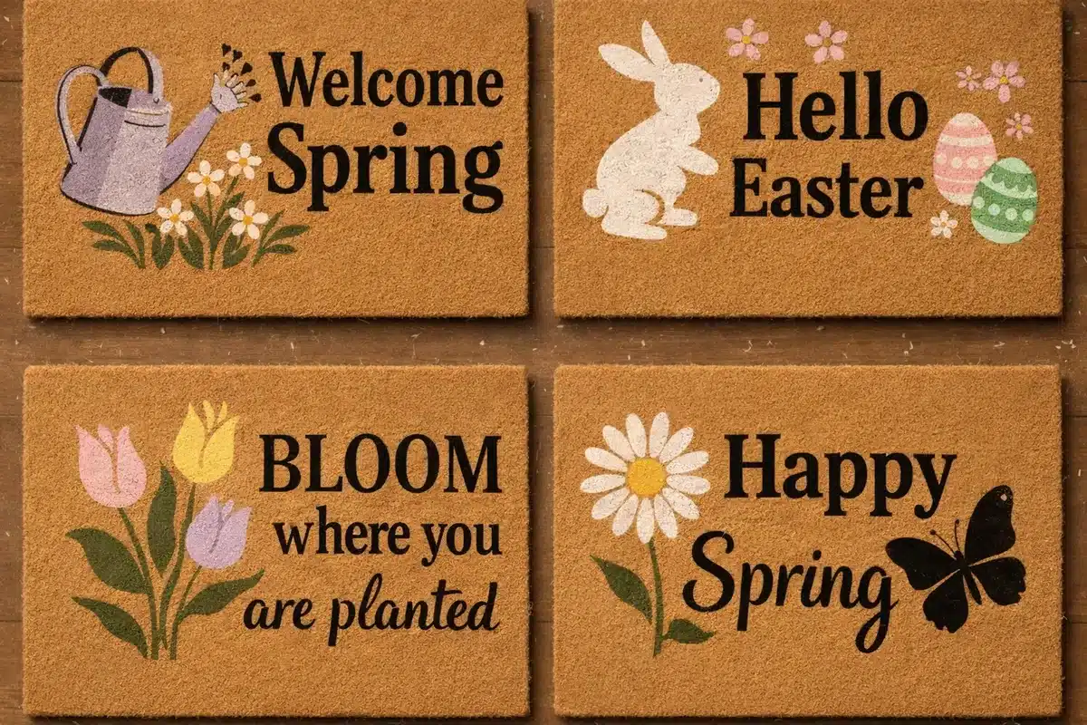 Four spring-themed DIY doormat designs featuring Welcome Spring, Hello Easter bunny, Bloom quote, and Happy Spring daisy.